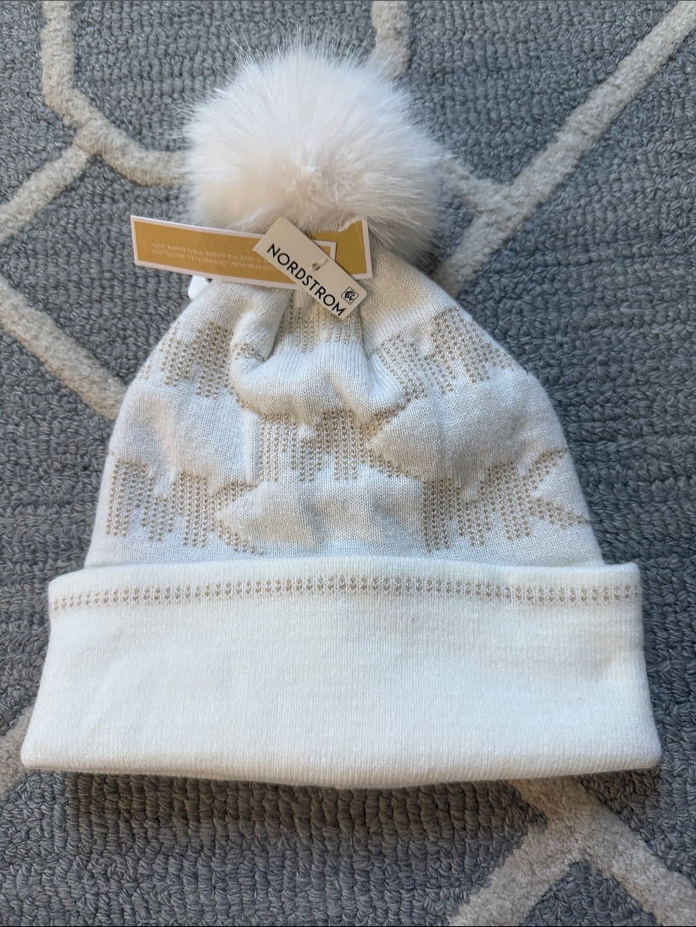 Michael Kors Diamond Cable Pom Beanie Cream Gold NWT